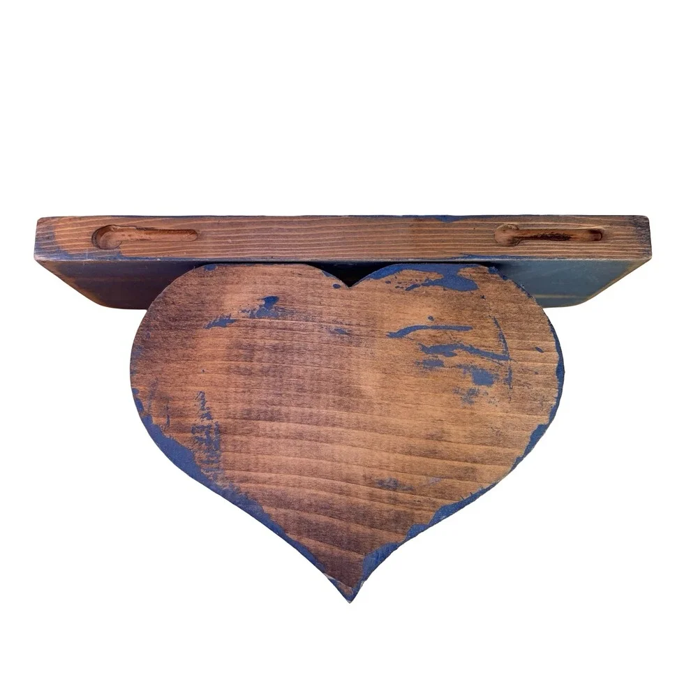 Vintage Heart Wood Wall Shelf Peg Hook Blue Distressed Primitive Country Small
